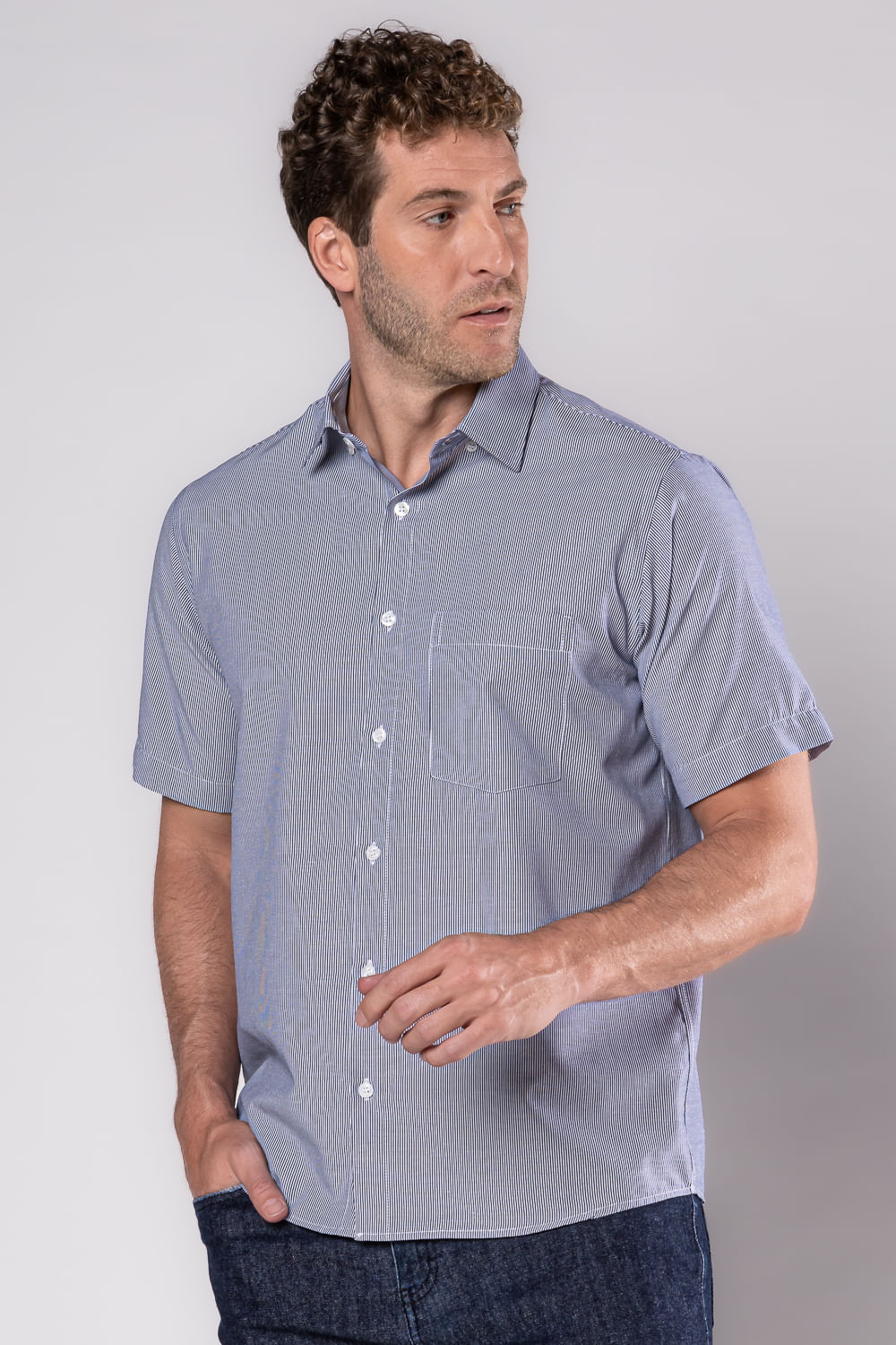 Camisa Listrada Algodão Misto MC Azul Escuro
