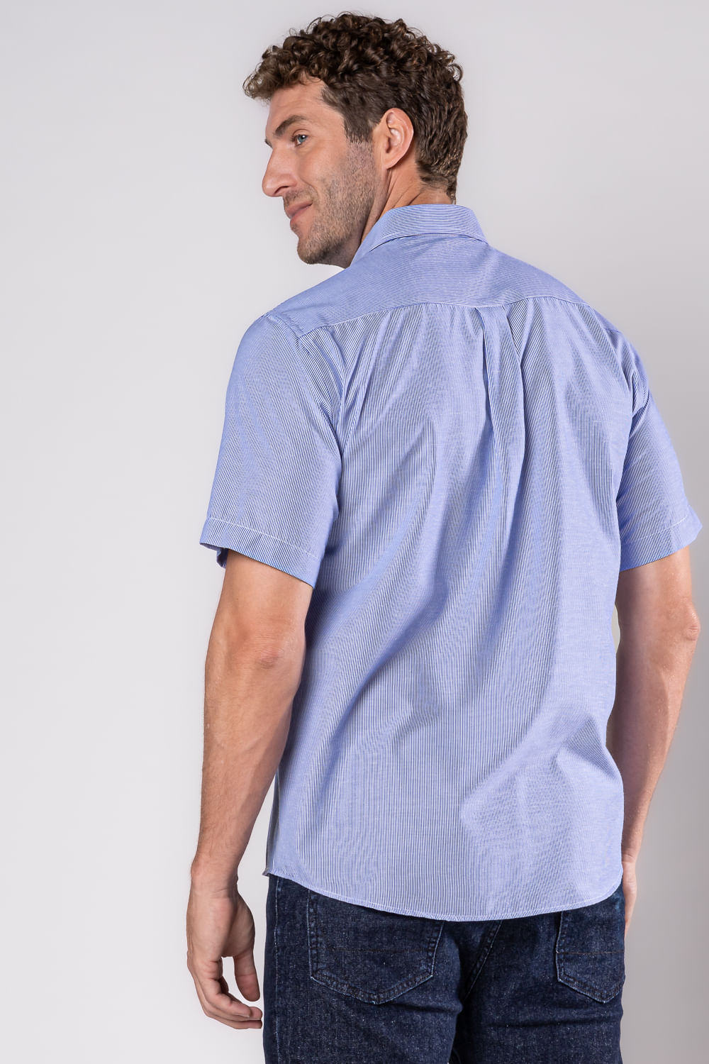 Camisa Listrada Algodão Misto MC Azul