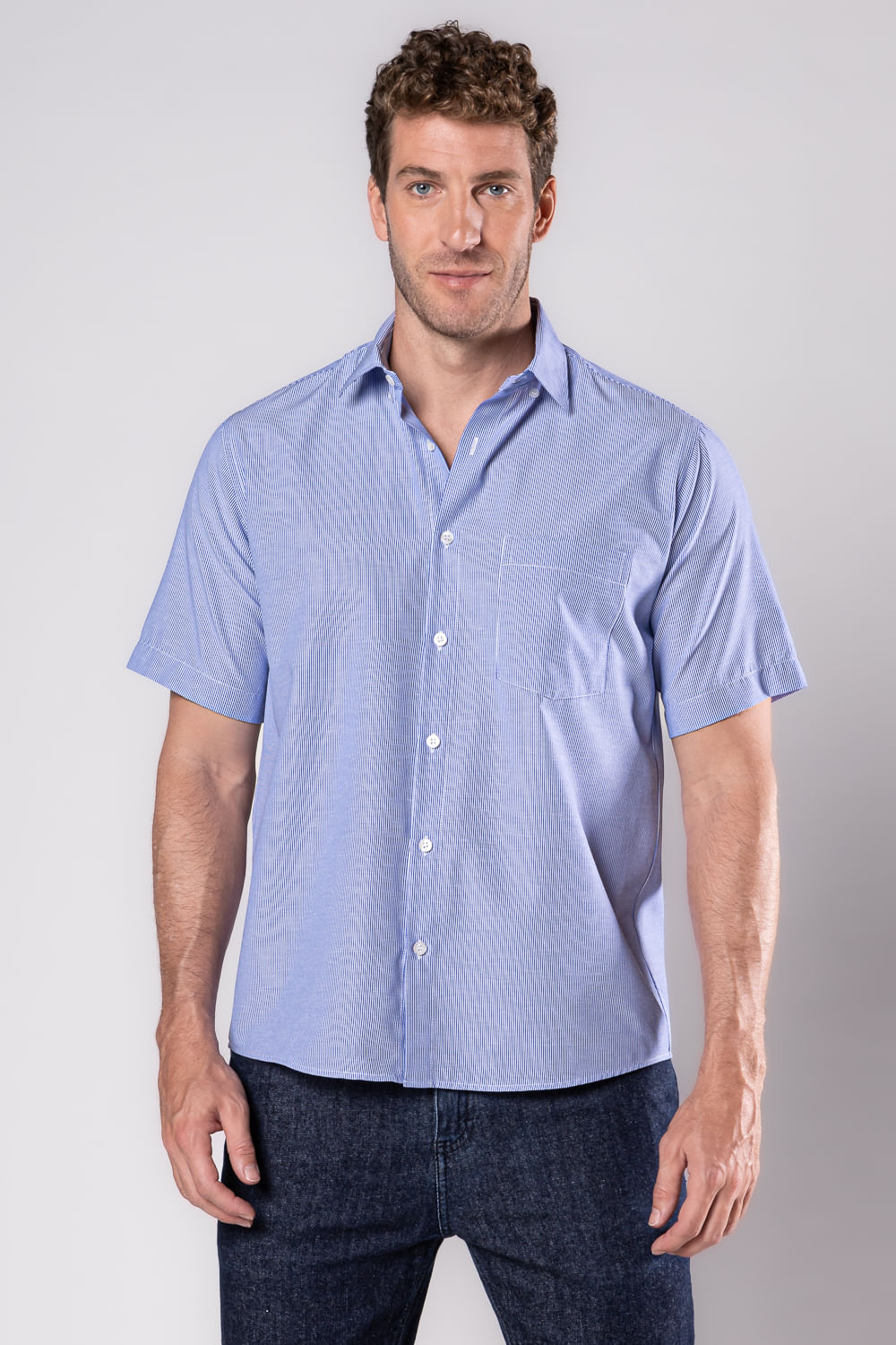 Camisa Listrada Algodão Misto MC Azul