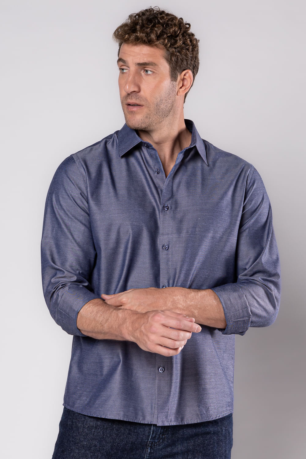 Camisa Slim Social Passa Fácil Maquinetada Azul Escuro