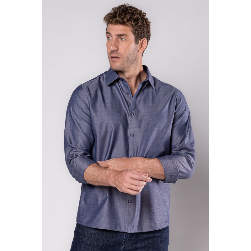 Camisa Slim Social Passa Fácil Maquinetada Azul Escuro