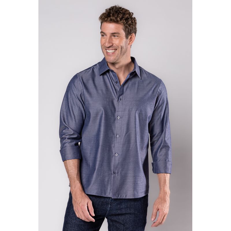 Camisa Slim Social Passa Fácil Maquinetada Azul Escuro