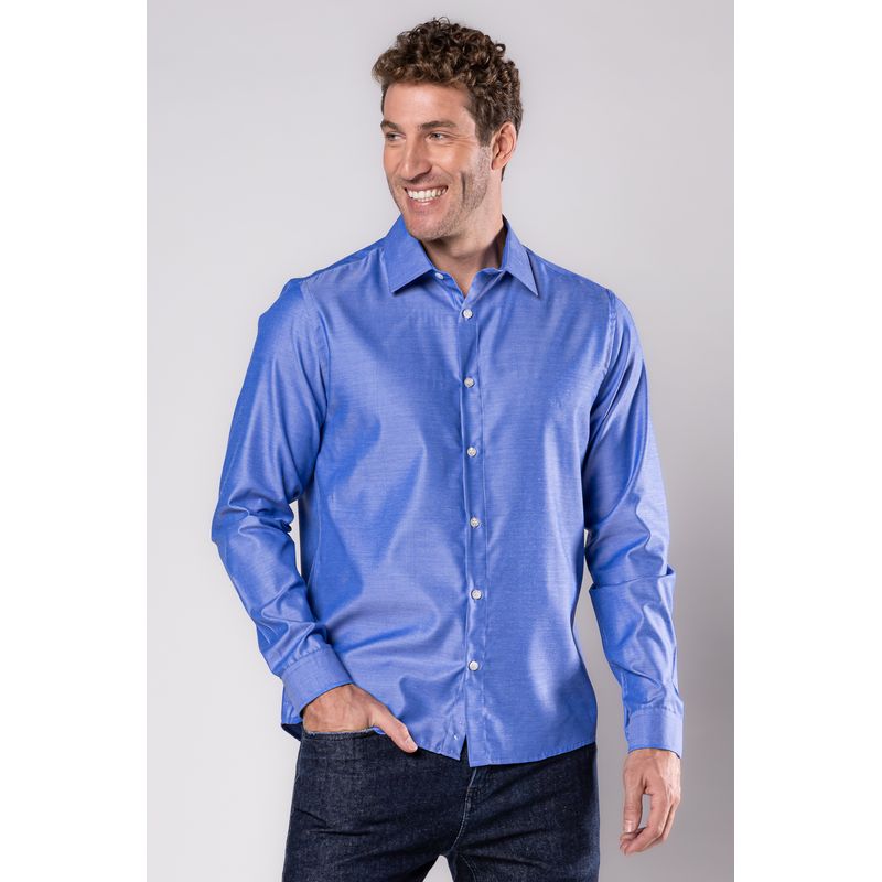 Camisa Slim Social Passa Fácil Maquinetada Azul Médio