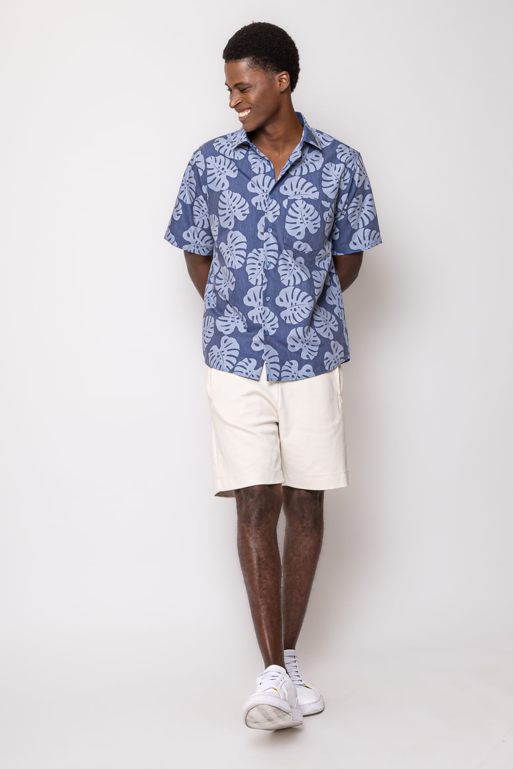 Camisa Estampada Microfibra com Viscose MC Azul Escuro