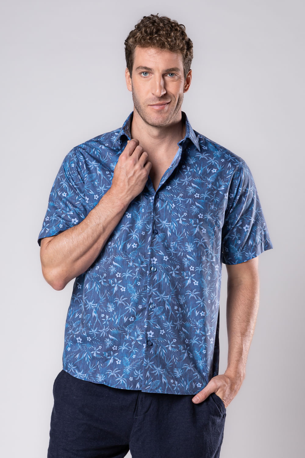 Camisa Estampada Microfibra com Viscose MC Azul