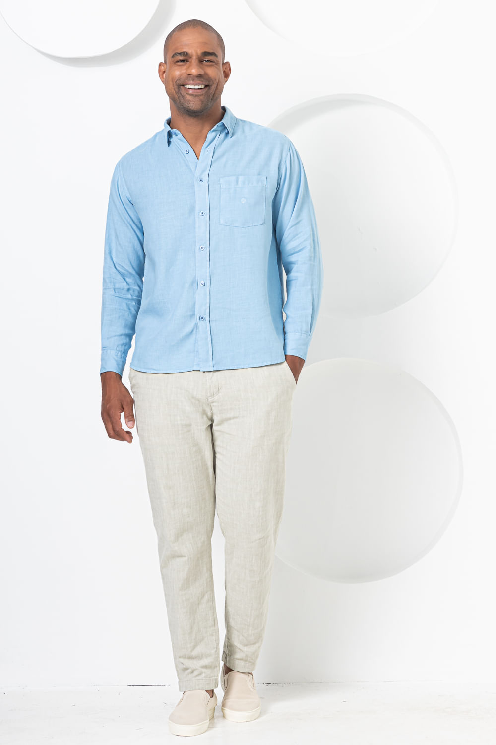 Camisa em Puro Linho ML Azul Claro