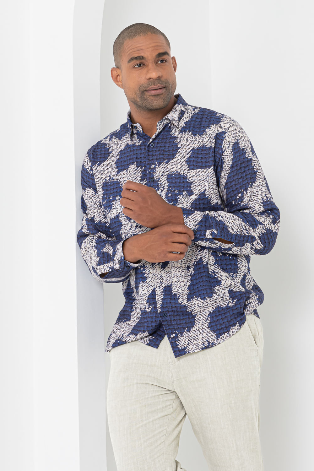 Camisa Estampada Linho c/ Modal ML Azul Escuro