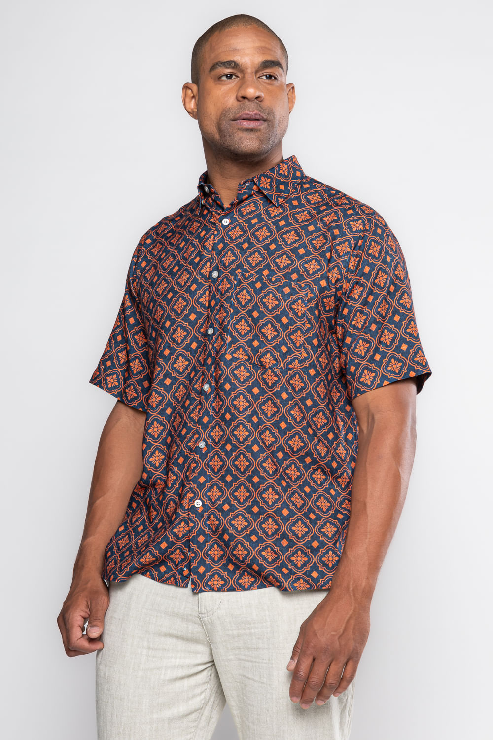 Camisa Estampada Linho c/ Modal MC Laranja