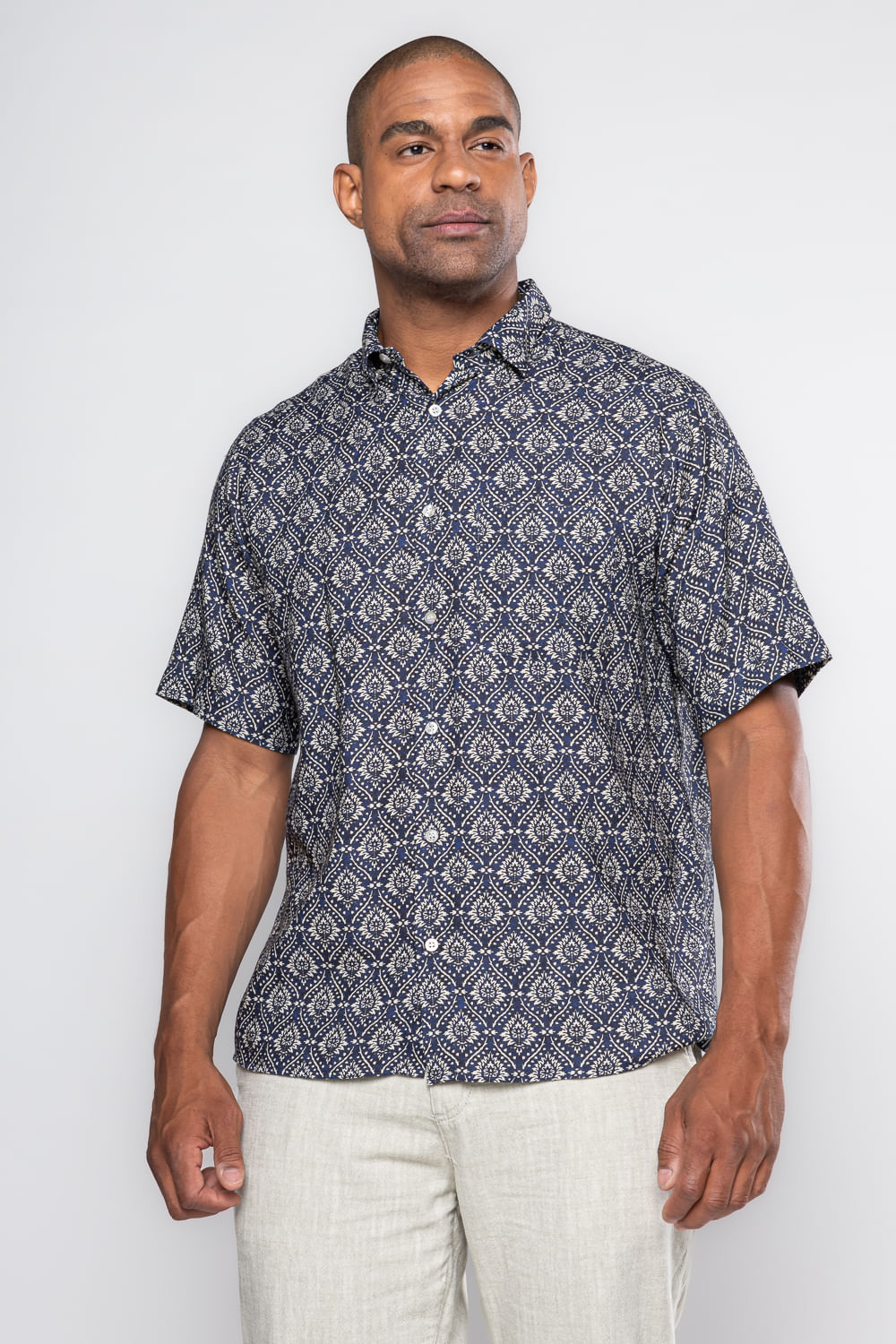 Camisa Estampada Linho c/ Modal MC Azul Escuro