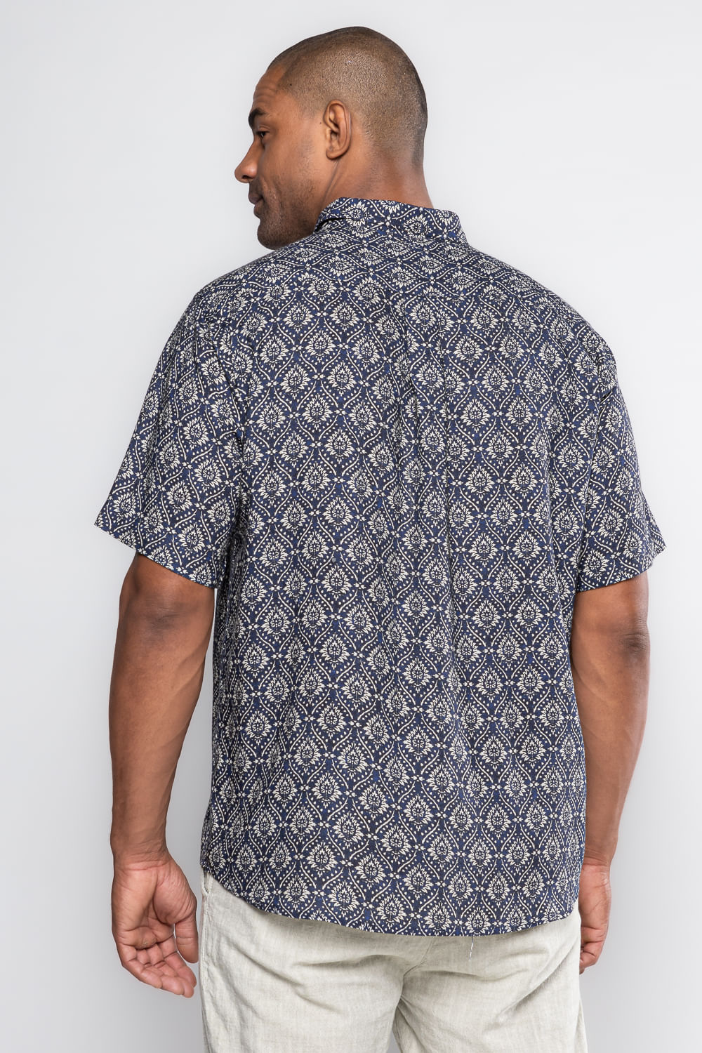 Camisa Estampada Linho c/ Modal MC Azul Escuro