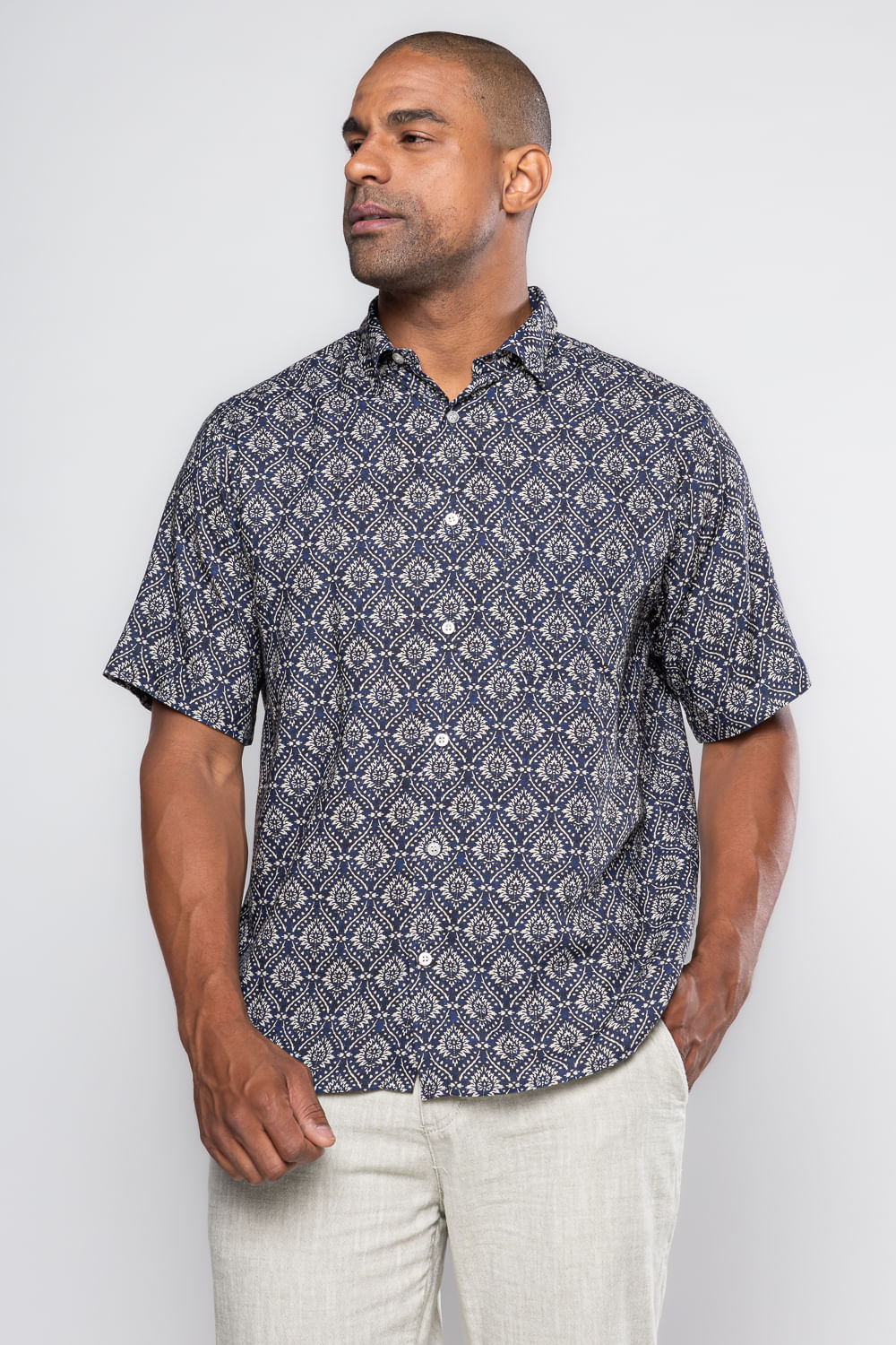 Camisa Estampada Linho c/ Modal MC Azul Escuro