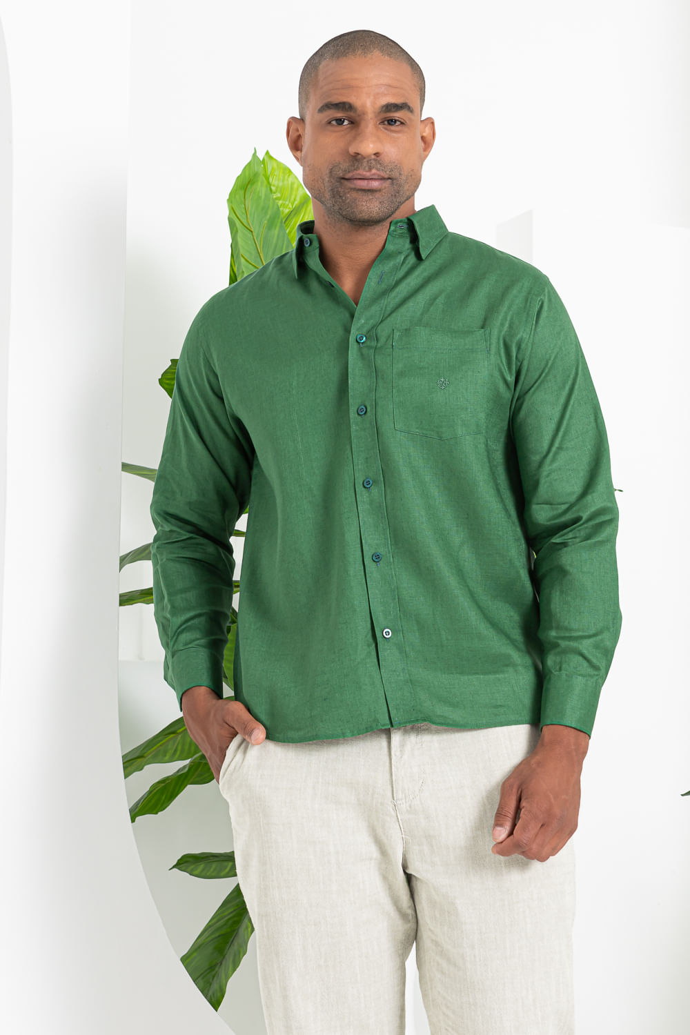Camisa Puro Linho ML Verde Escuro