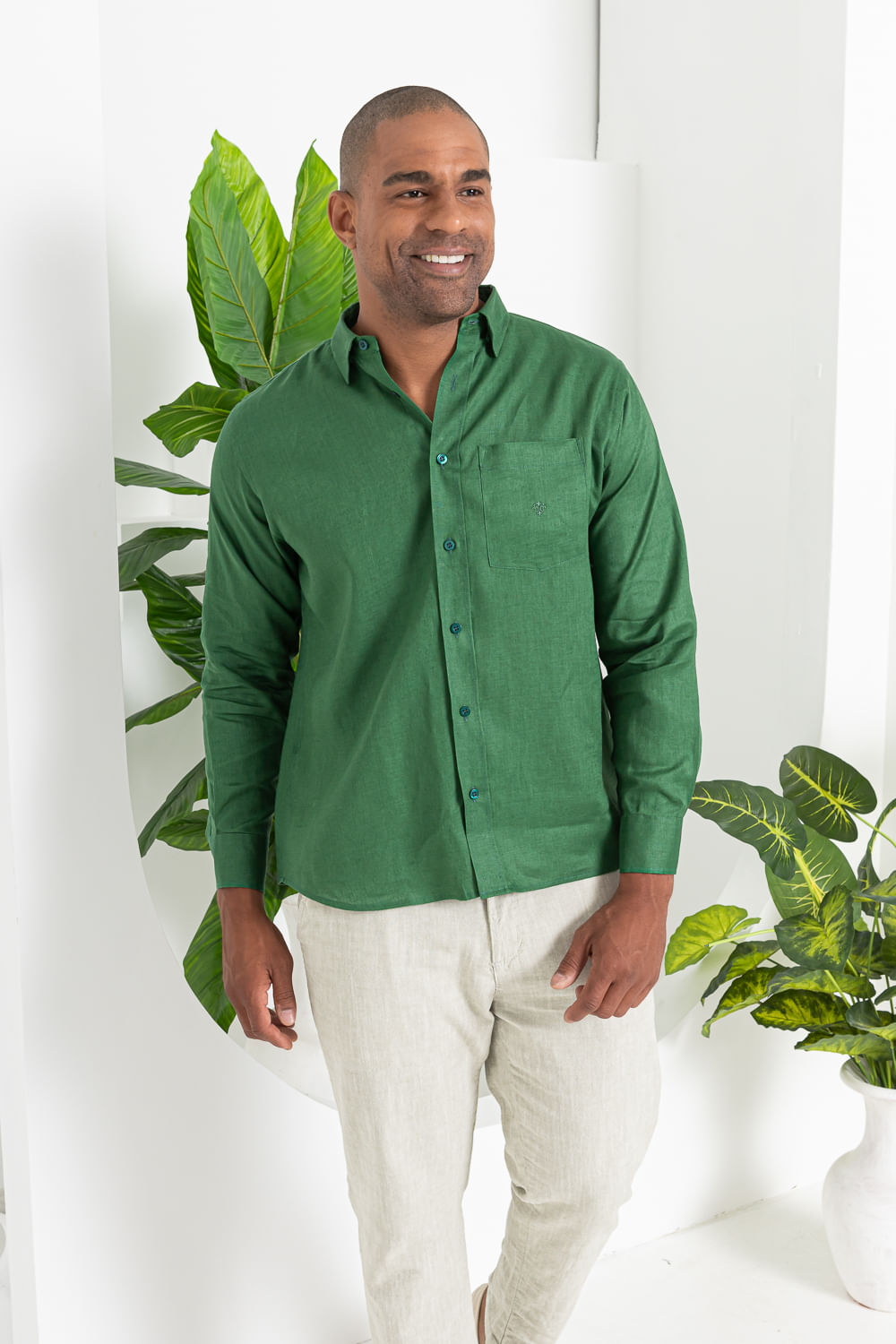 Camisa Puro Linho ML Verde Escuro