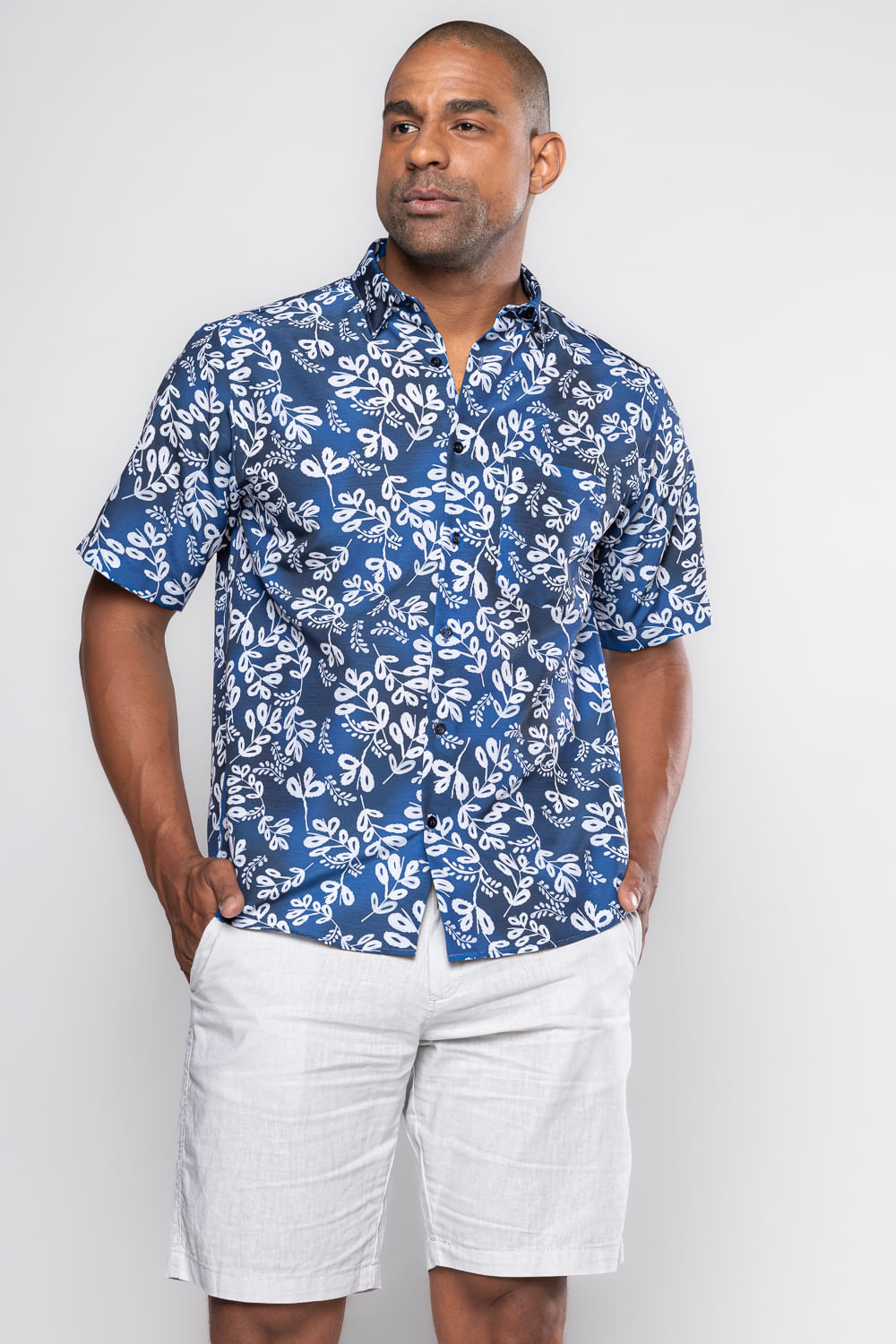 Camisa Estampada Microfibra MC Azul Escuro