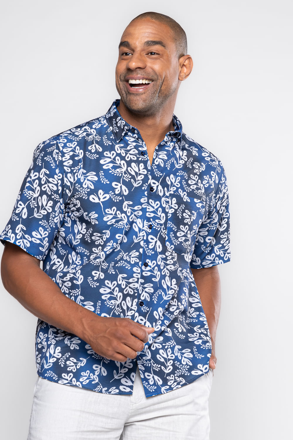 Camisa Estampada Microfibra MC Azul Escuro