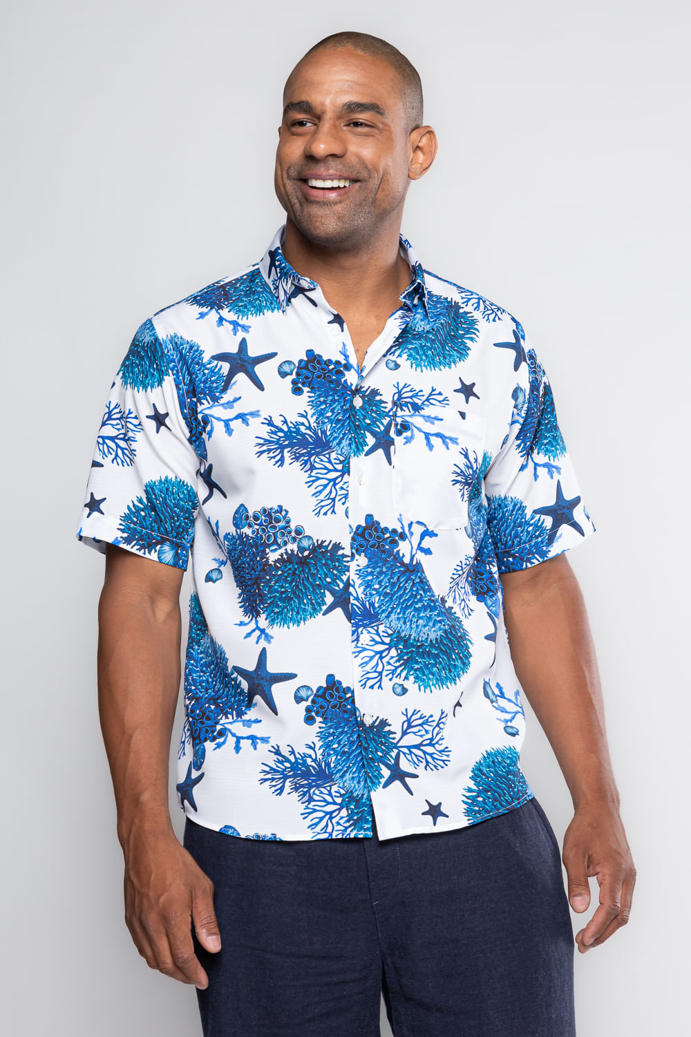 Camisa Estampada Microfibra MC Azul Escuro