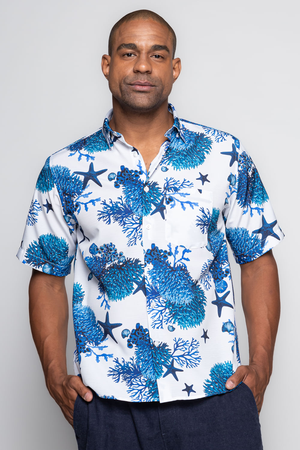 Camisa Estampada Microfibra MC Azul Escuro