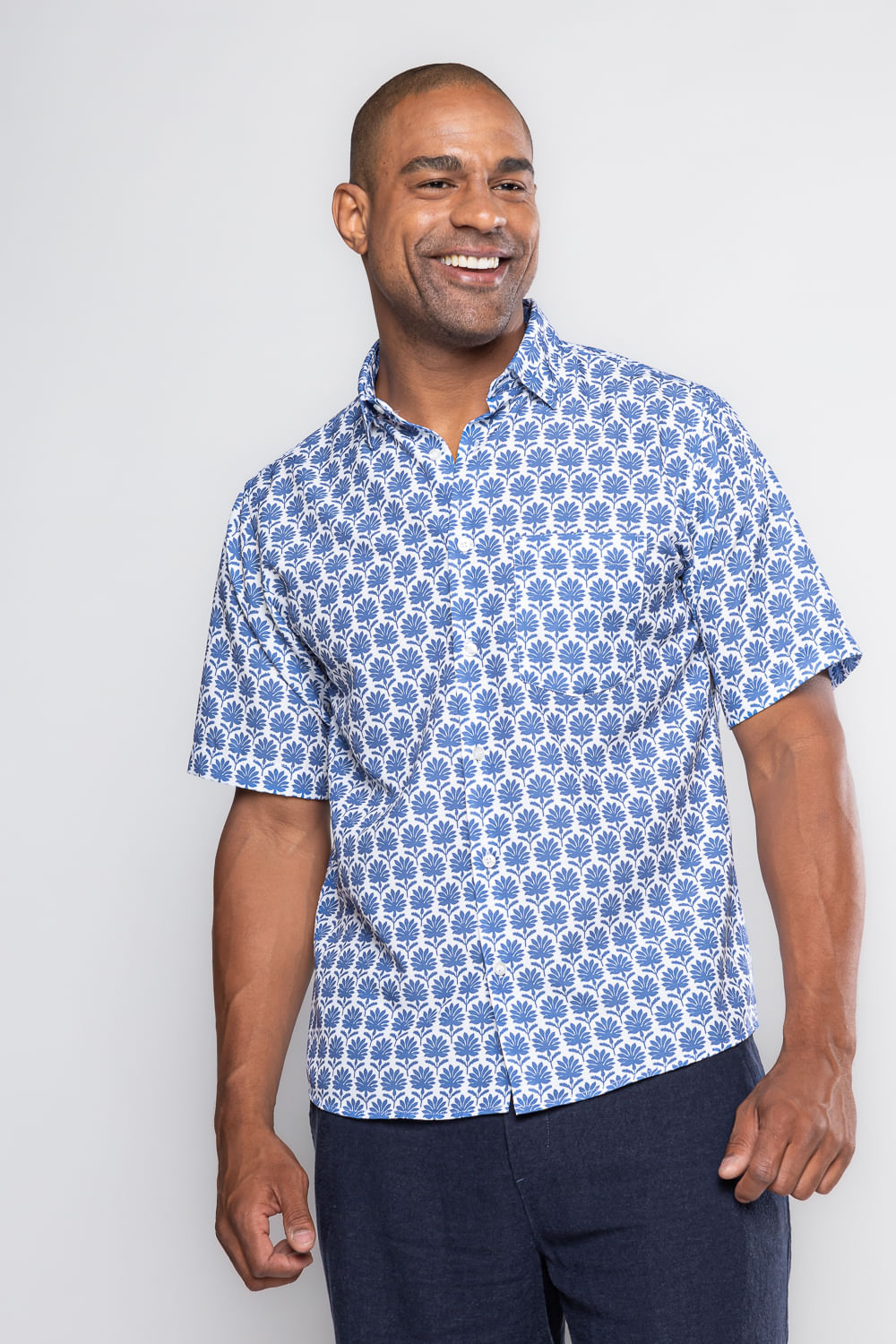 Camisa Estampada Microfibra MC Azul Médio