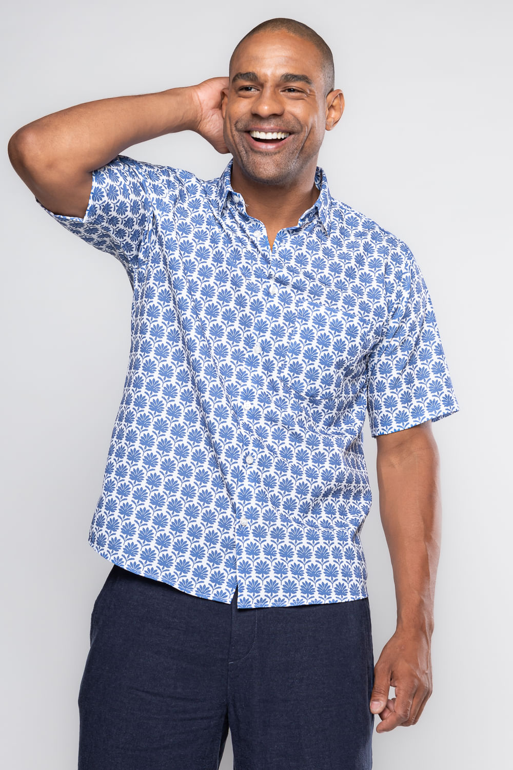 Camisa Estampada Microfibra MC Azul Médio