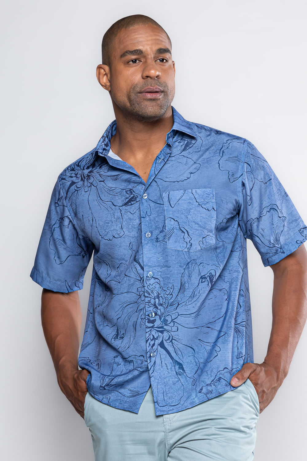 Camisa Estampada Microfibra MC Azul