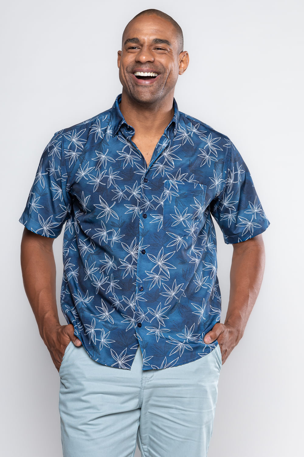 Camisa Estampada Microfibra MC Azul Escuro