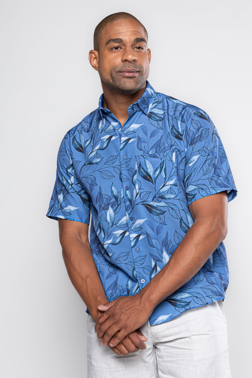 Camisa Estampada Microfibra MC Azul Escuro