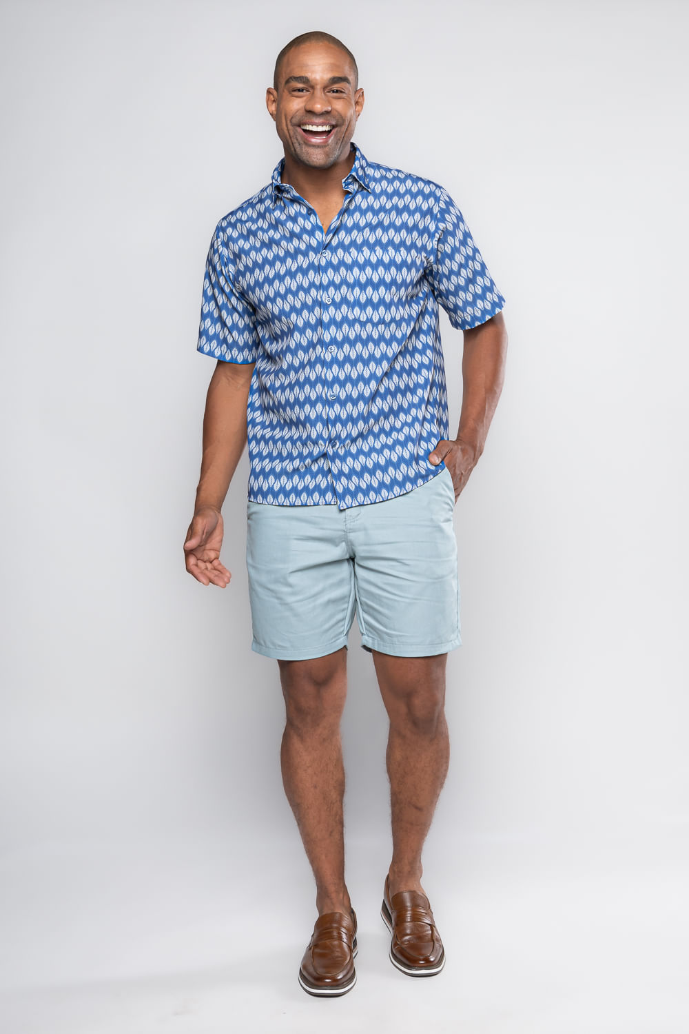 Camisa Estampada Microfibra MC Azul Médio