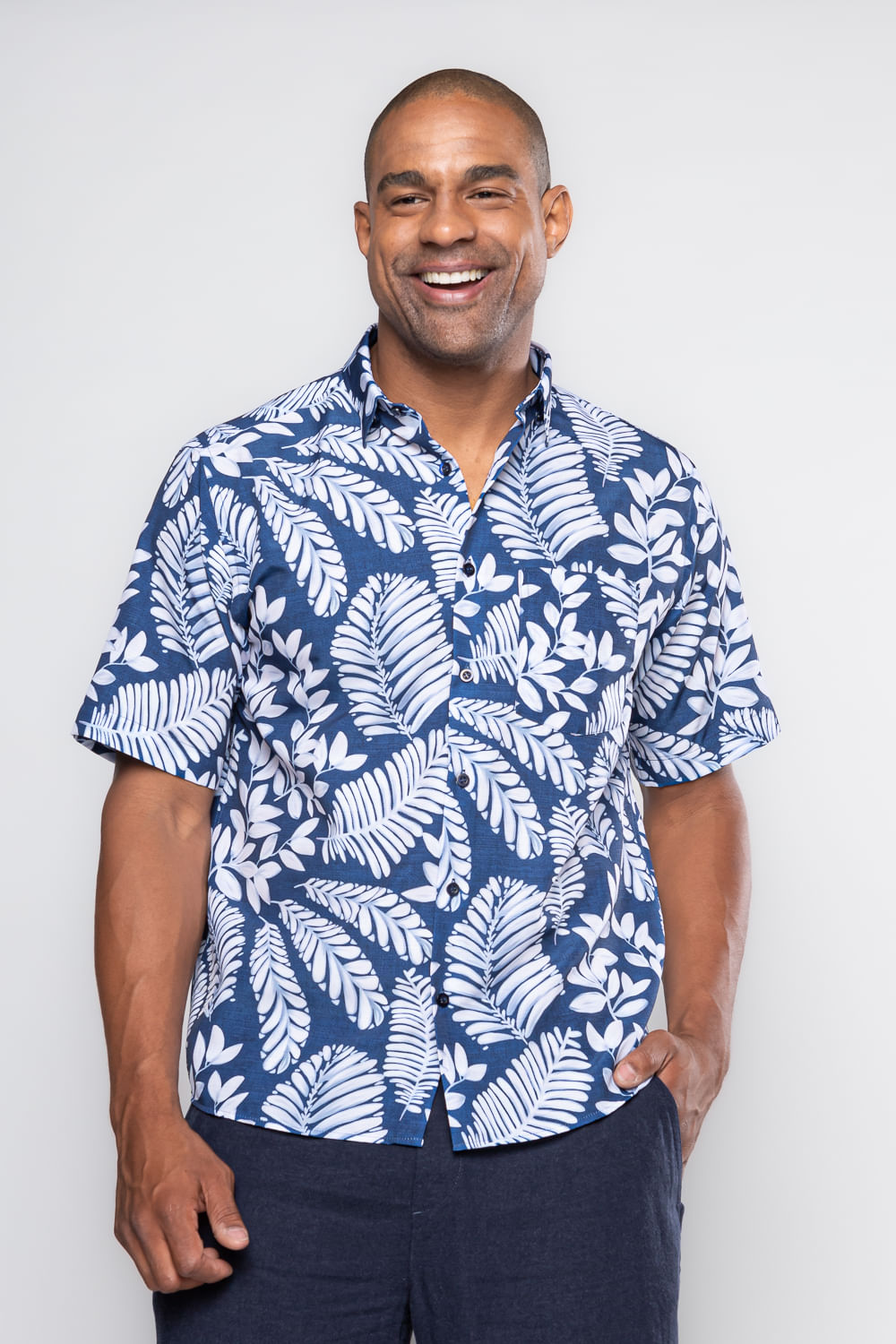 Camisa Estampada Microfibra MC Azul Escuro