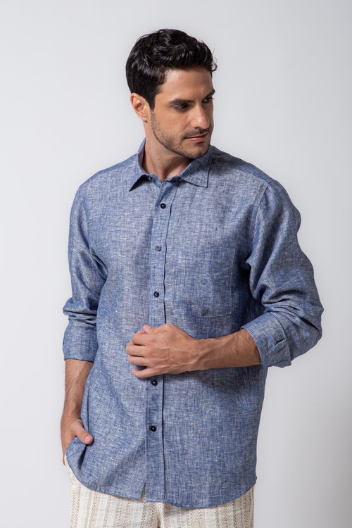Camisa Puro Linho Mescla ML Azul Escuro