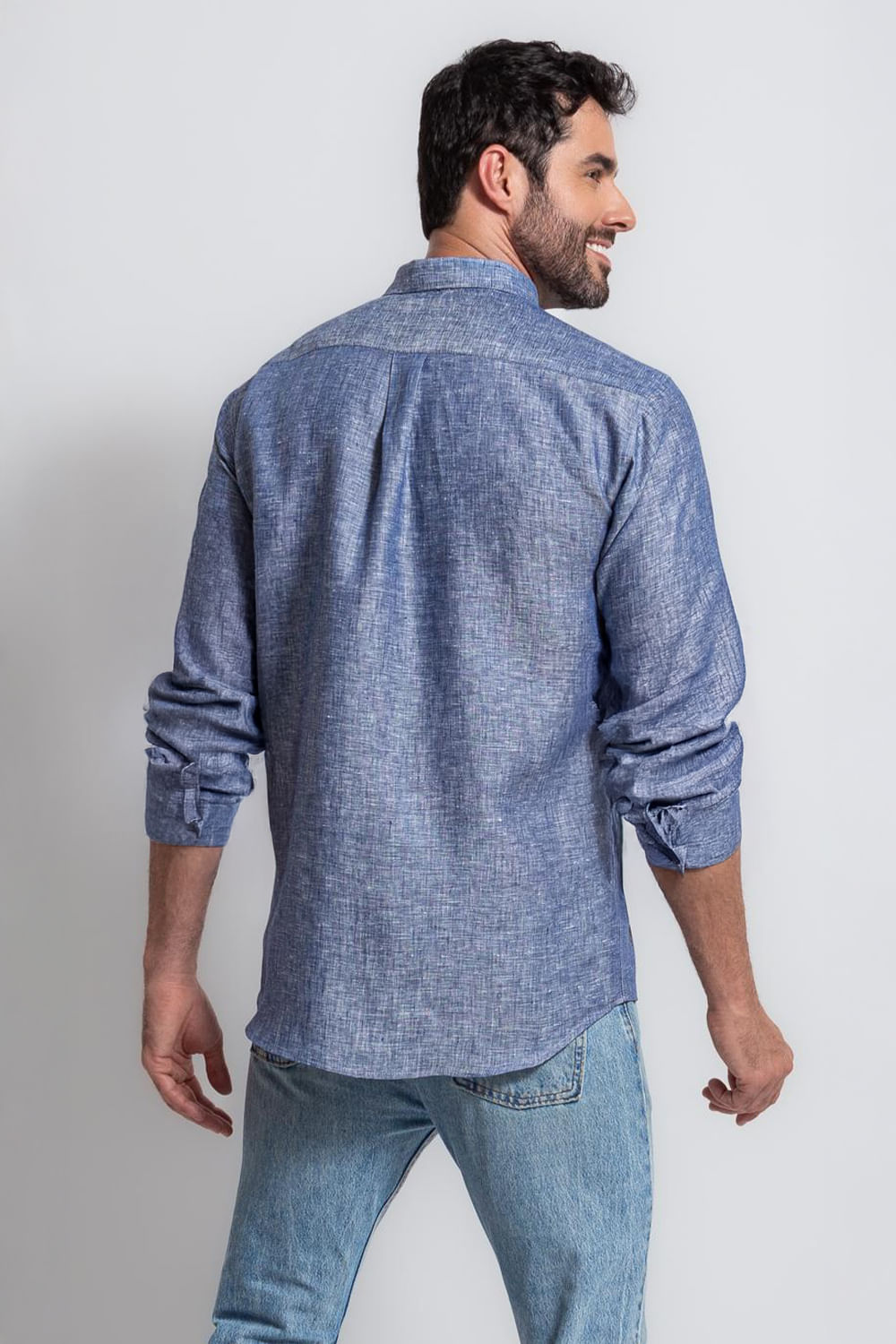 Camisa Puro Linho Mescla ML Azul Escuro