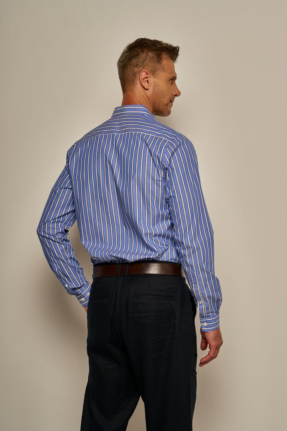 Camisa Slim Listrada Algodão ML Preto