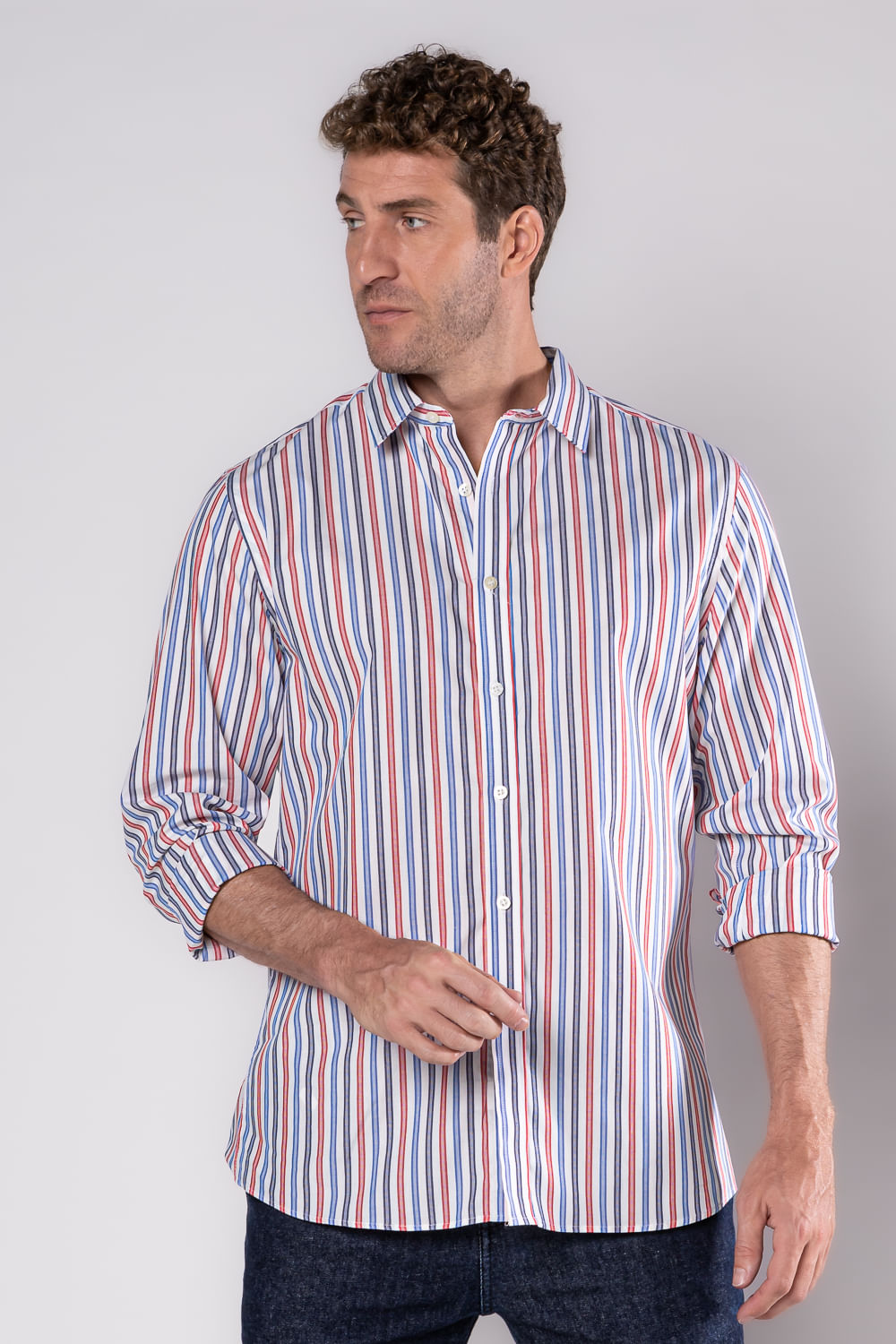 Camisa Slim Listrada Algodão ML Vermelho