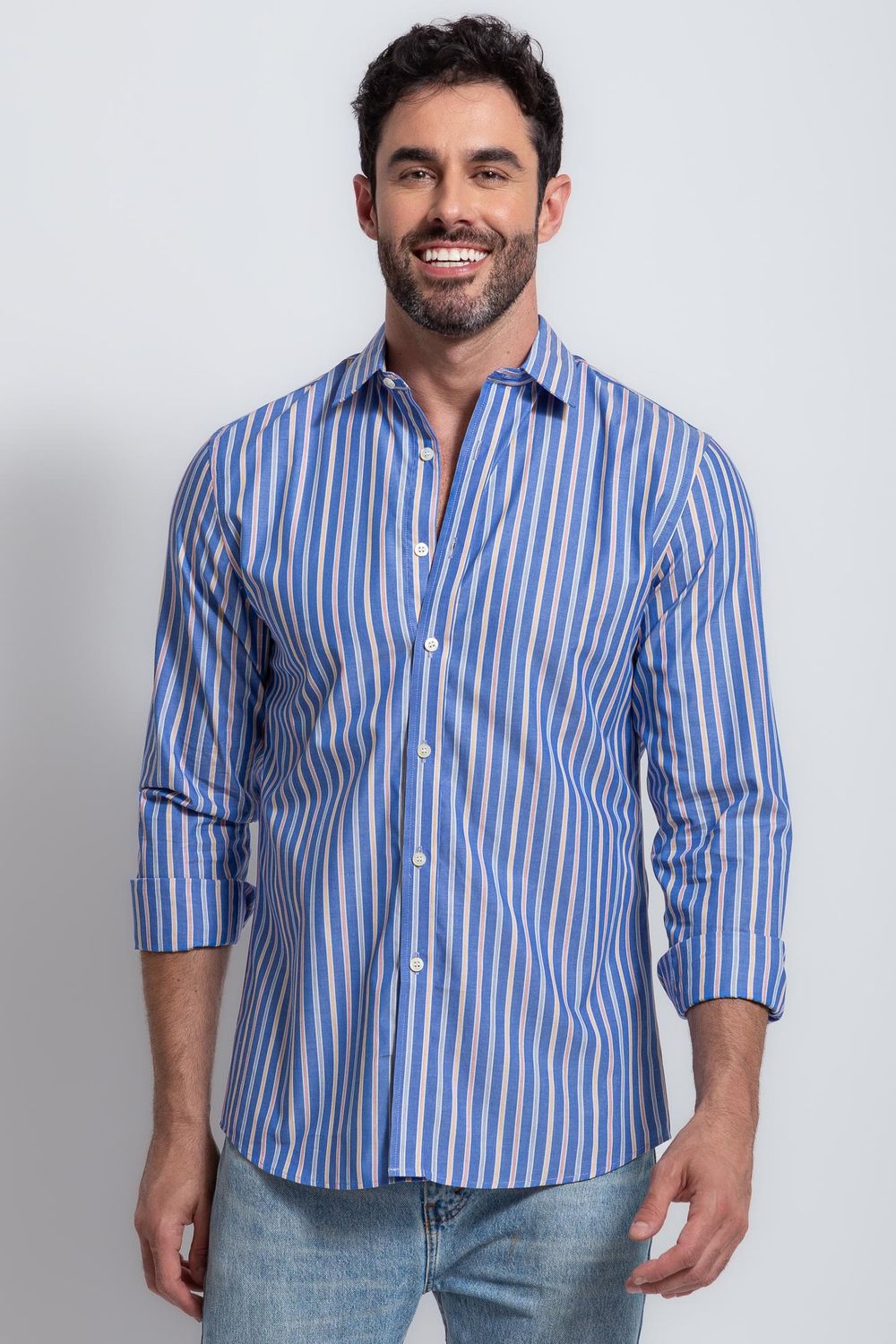 Camisa Slim Listrada Algodão ML Azul Escuro