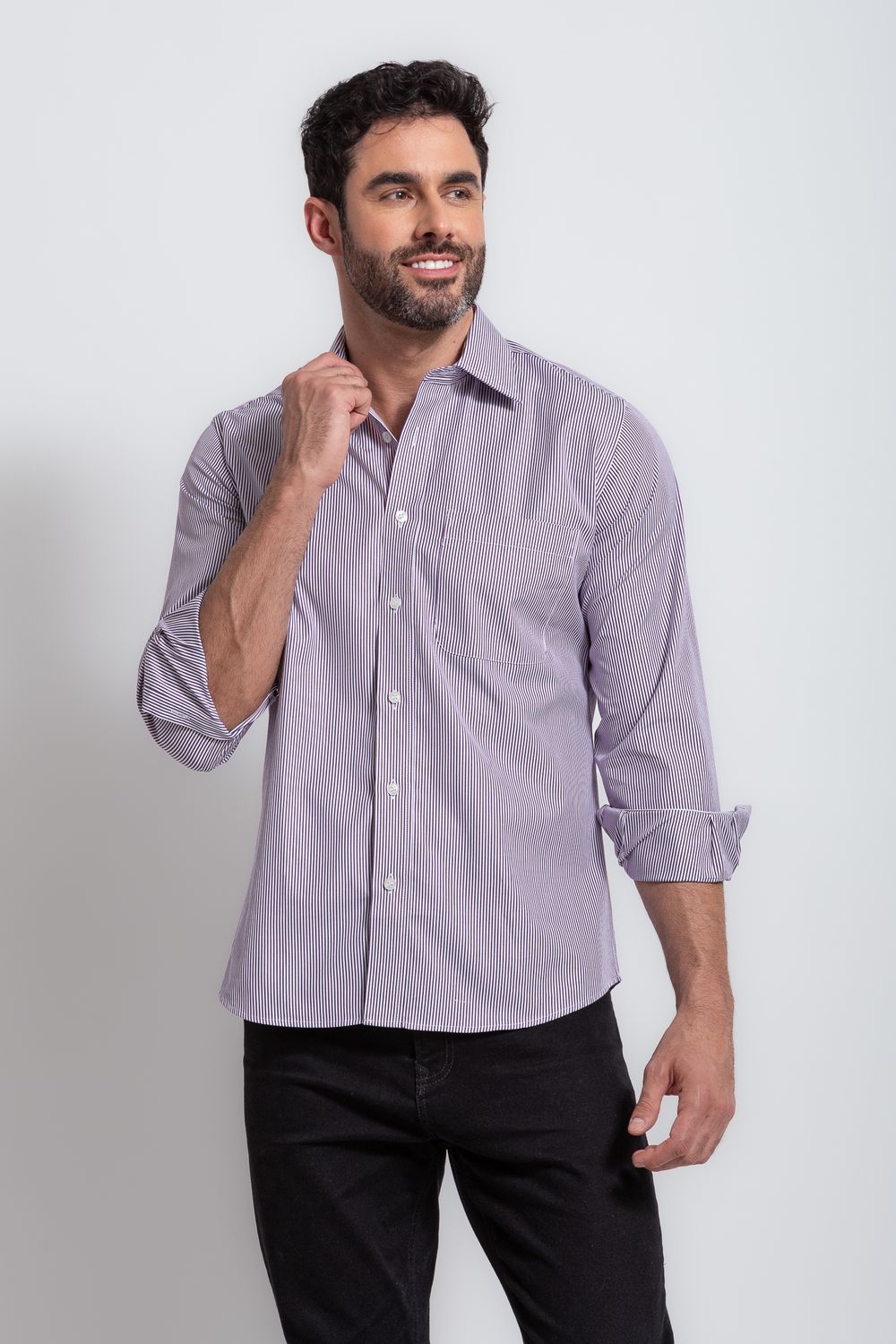 Camisa Social Listrada Slim Comfort Algodão Fio 80 Roxo