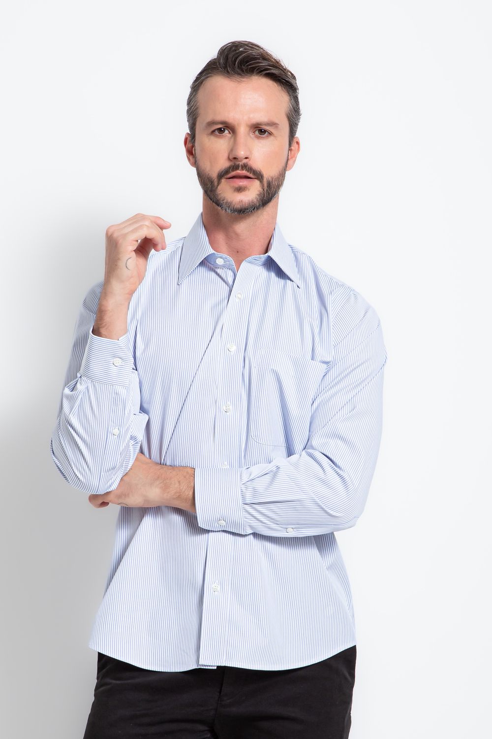 Camisa Social Listrada Slim Comfort Algodão Fio 80 Azul Claro
