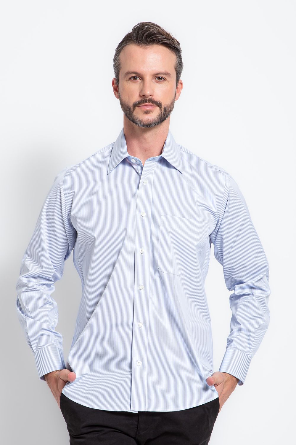 Camisa Social Listrada Slim Comfort Algodão Fio 80 Azul Claro