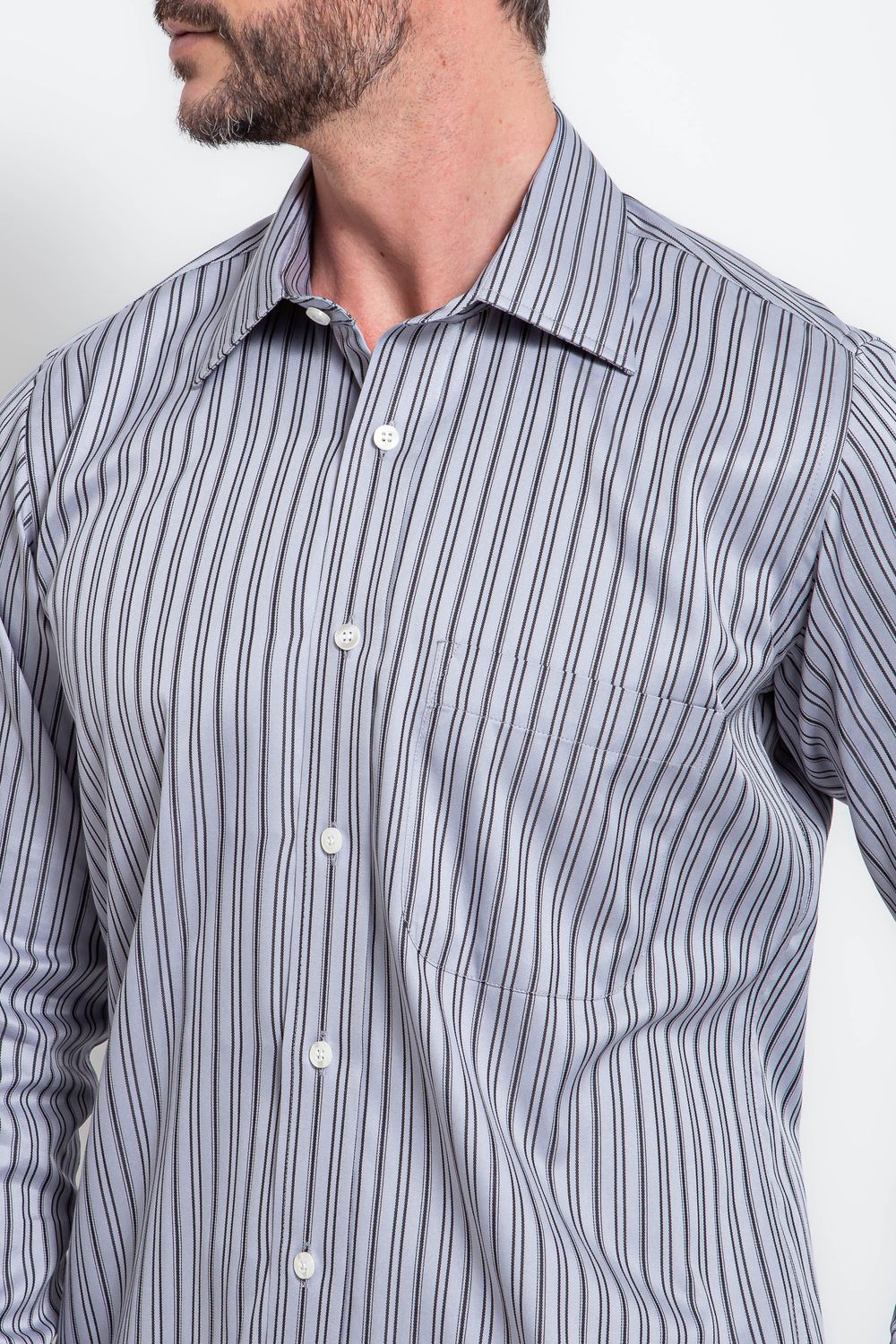 Camisa Social Listrada Slim Comfort Algodão Fio 80 Cinza