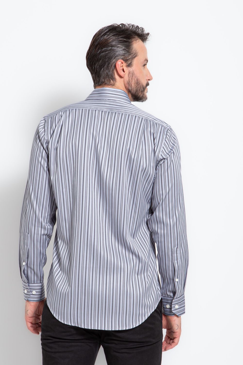 Camisa Social Listrada Slim Comfort Algodão Fio 80 Cinza