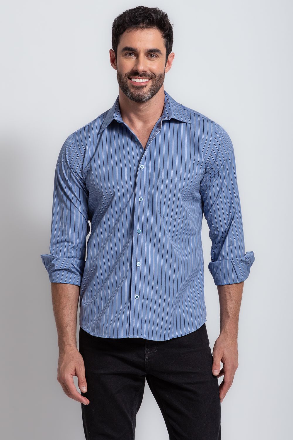 Camisa Social Listrada Slim Comfort Algodão Fio 80 Azul Médio