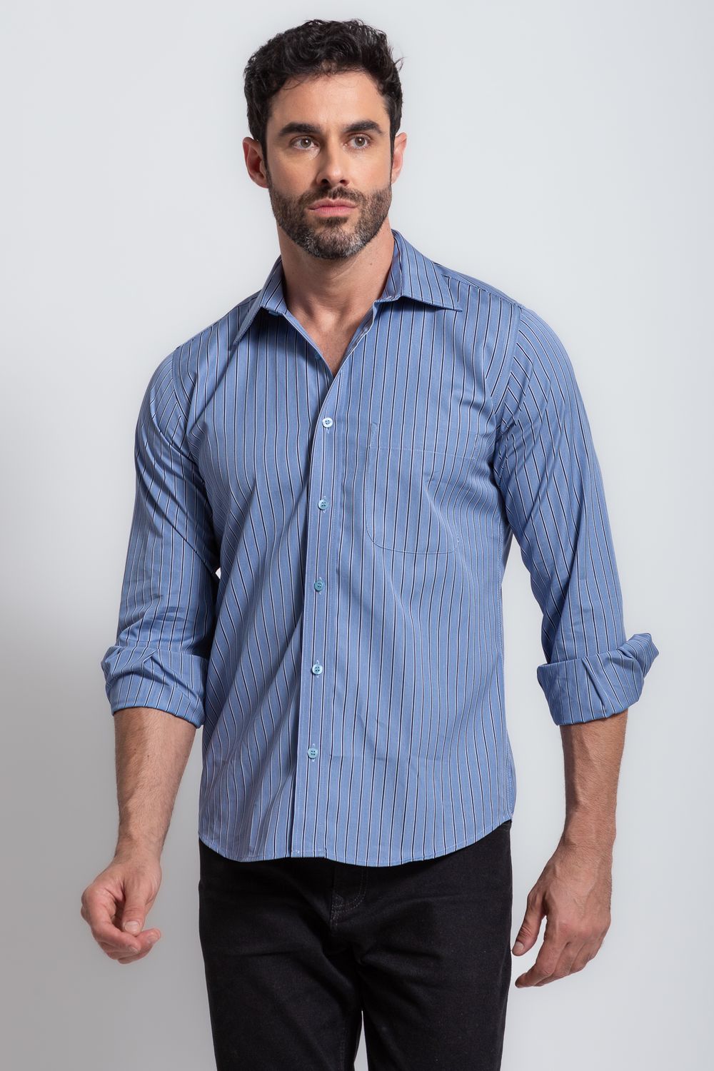 Camisa Social Listrada Slim Comfort Algodão Fio 80 Azul Médio