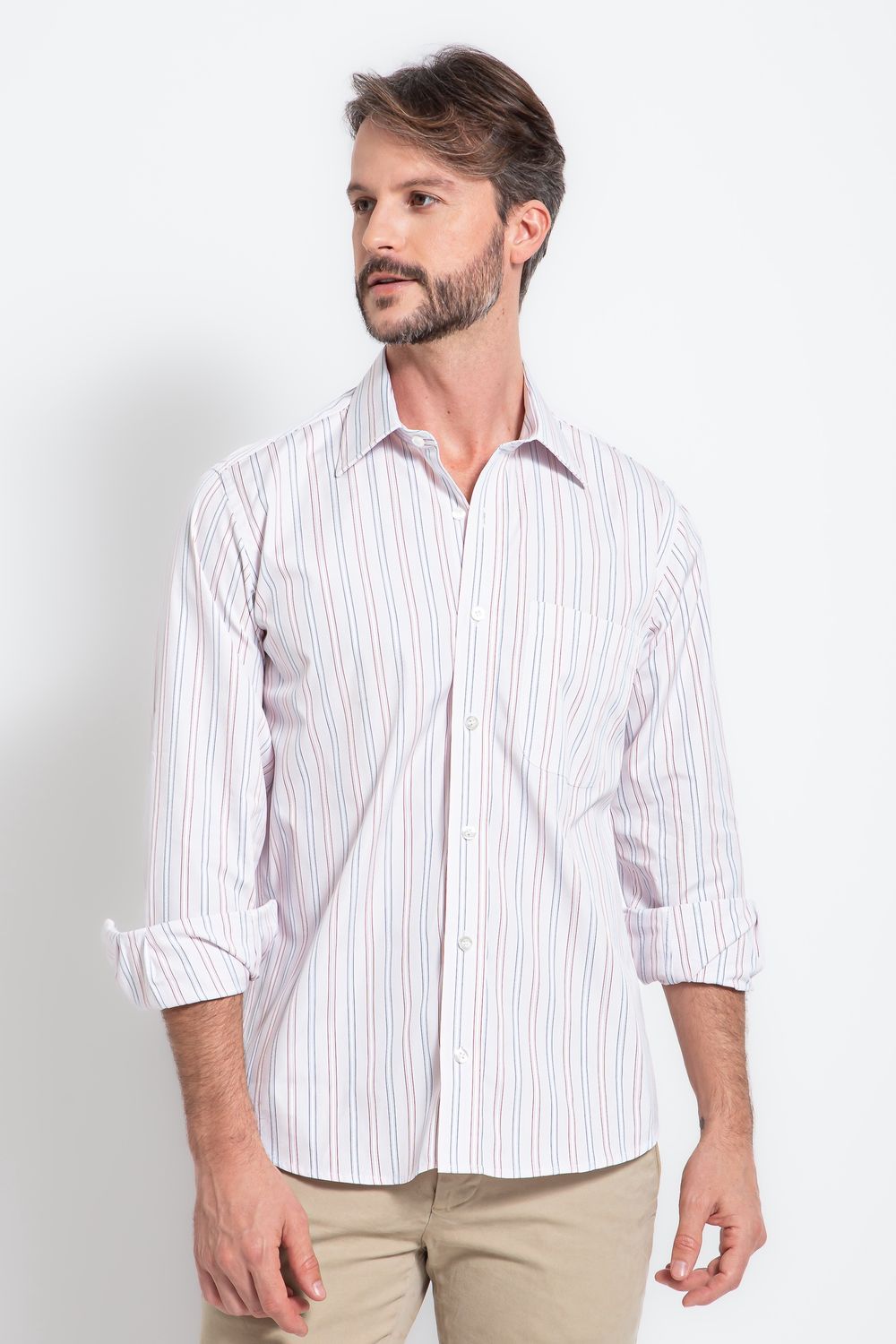 Camisa Social Listrada Slim Comfort Algodão Fio 80 Lilás