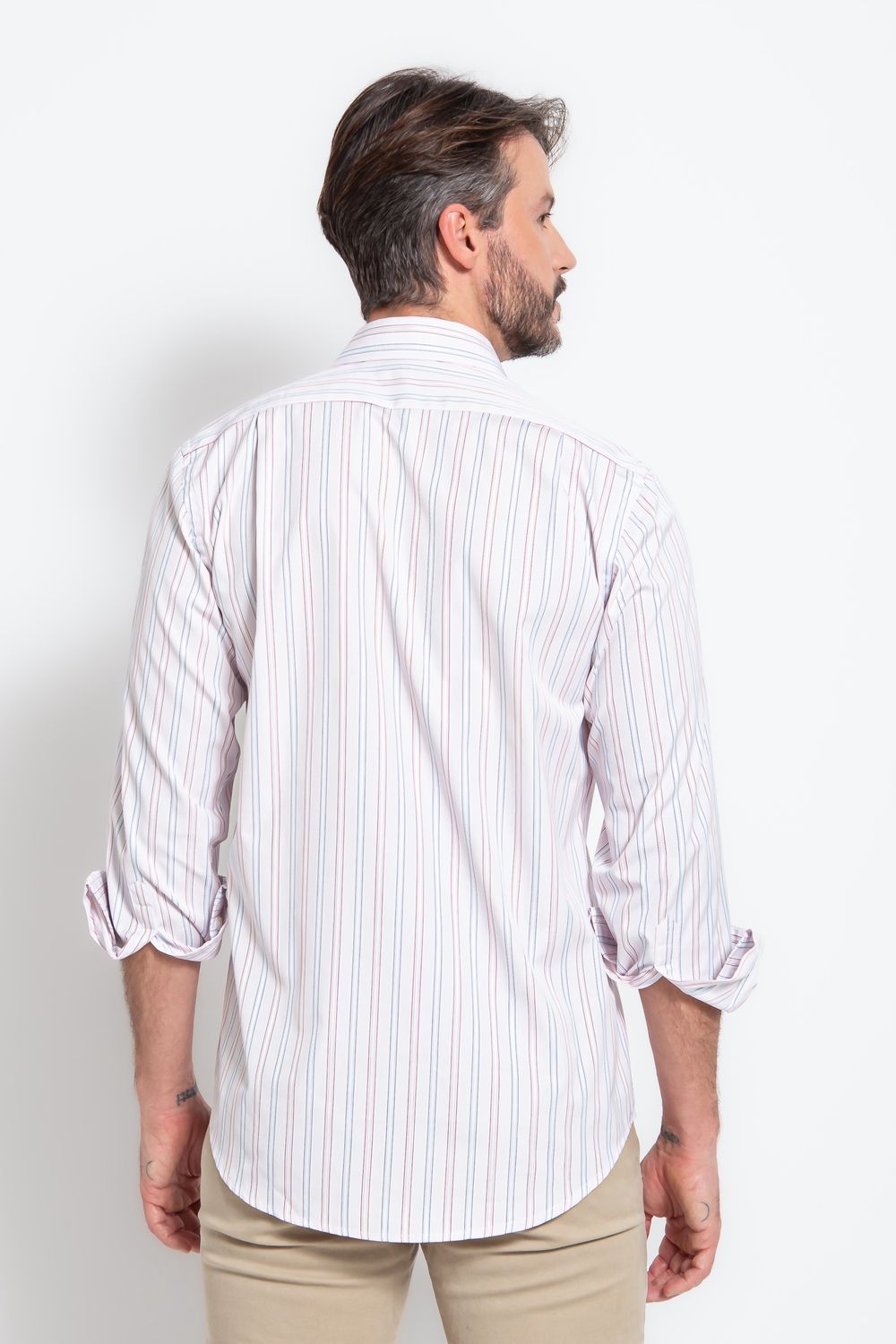 Camisa Social Listrada Slim Comfort Algodão Fio 80 Lilás