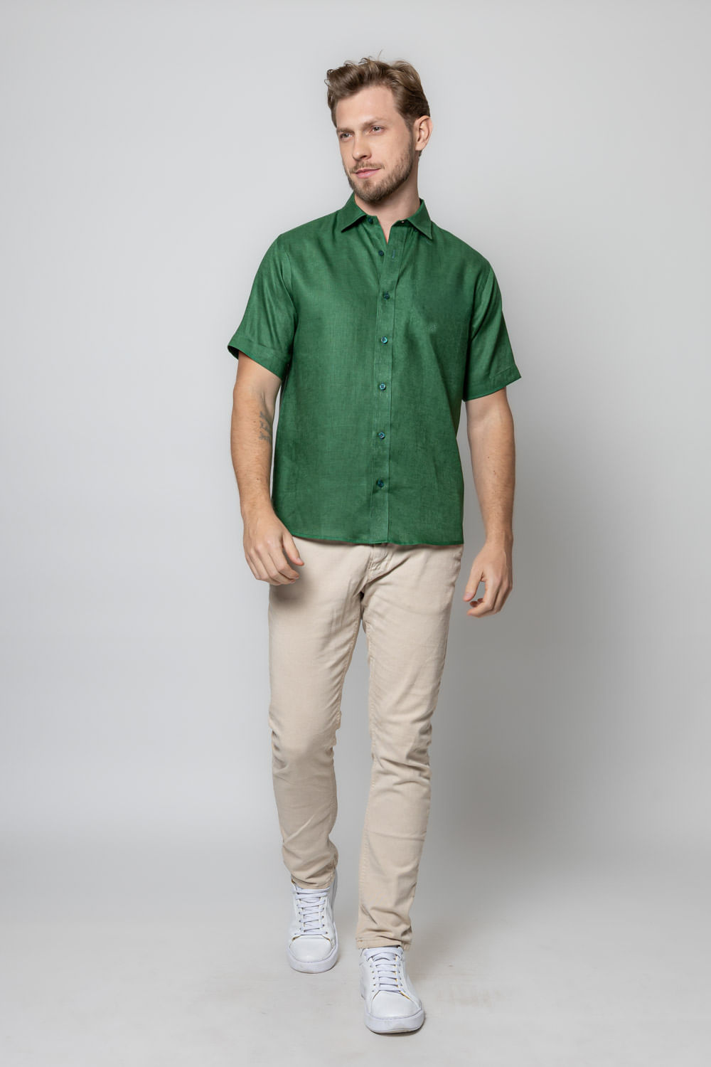 Camisa Slim Puro Linho Verde Escuro