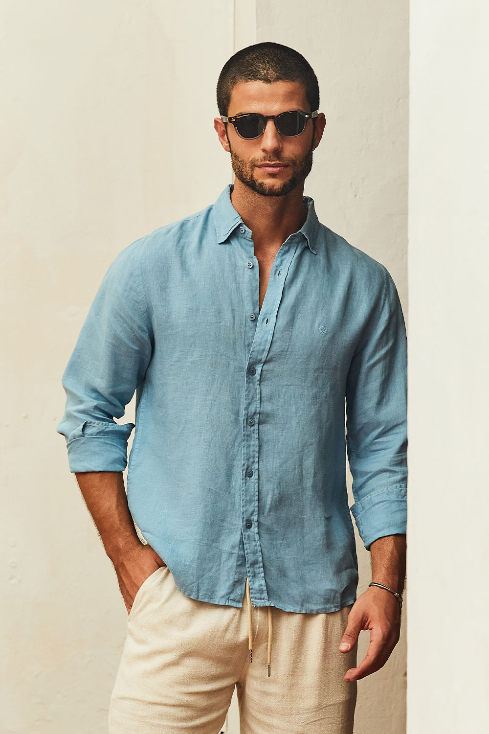 Camisa Slim Linho Tinturado ML Azul Médio