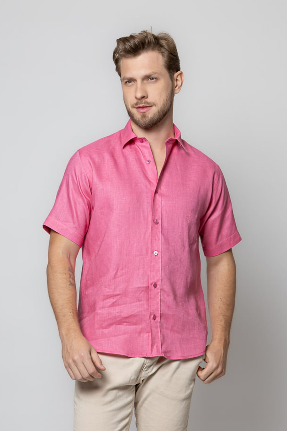 Camisa Slim Puro Linho MC Salmão
