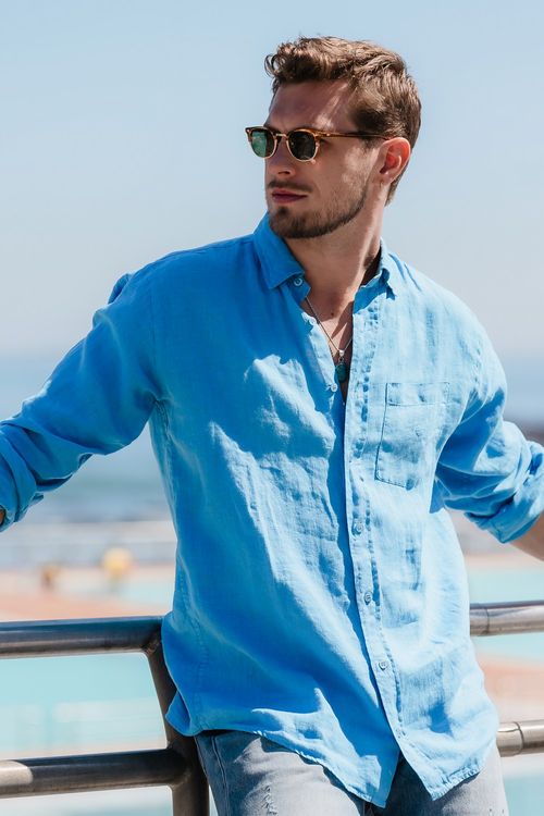 Camisa em Puro Linho Tinturado ML Azul Médio