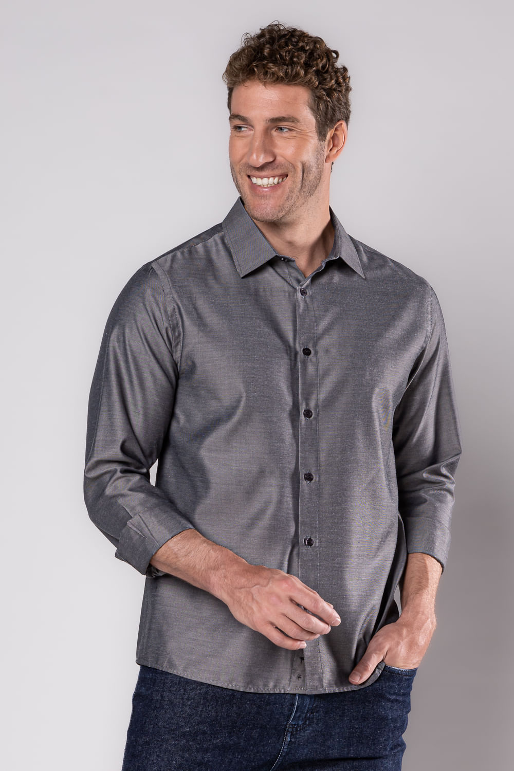 Camisa Social Slim Passa Fácil Maquinetada Preto
