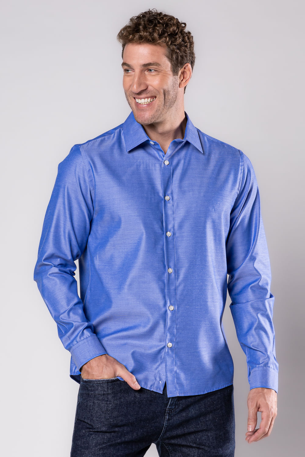 Camisa Social Slim Passa Fácil Maquinetada Azul Médio
