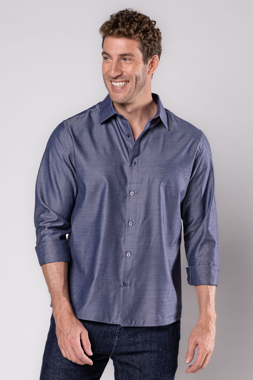 Camisa Social Slim Passa Fácil Maquinetada Azul Escuro