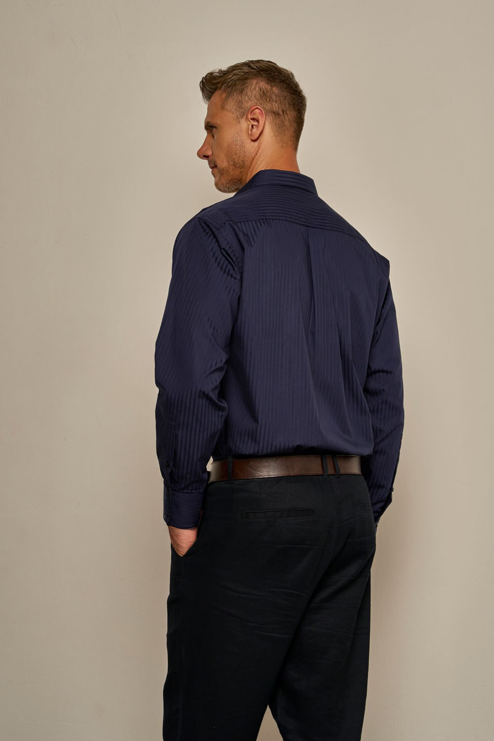 Camisa Social Maquinetada Algodão Fio 60 Azul Escuro